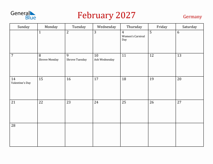 Germany February 2027 Calendar - Sunday Start