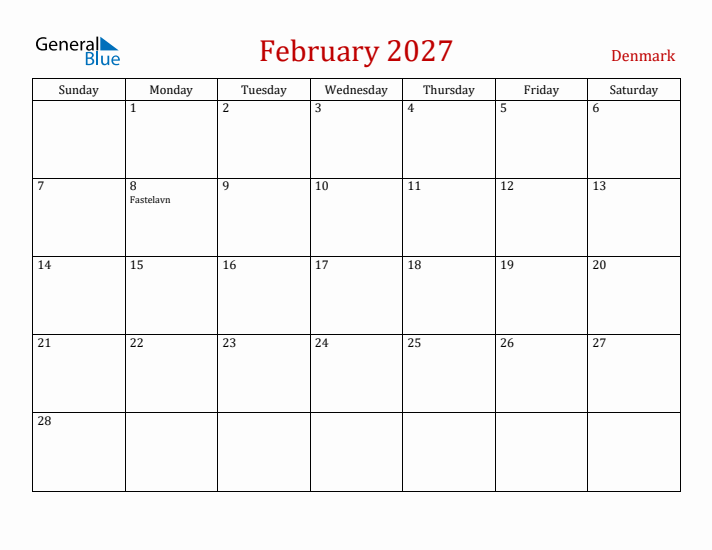 Denmark February 2027 Calendar - Sunday Start