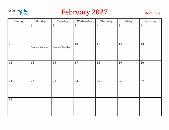 Dominica February 2027 Calendar - Sunday Start