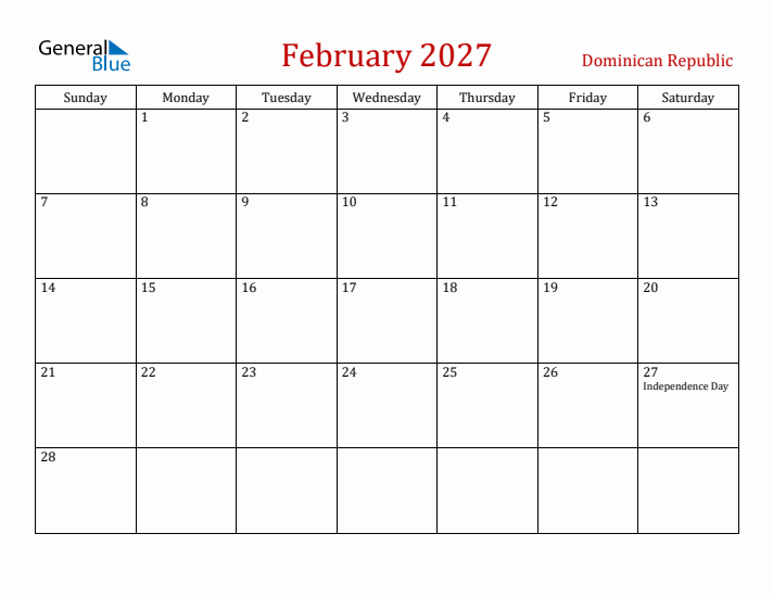 Dominican Republic February 2027 Calendar - Sunday Start