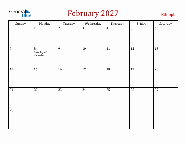 Ethiopia February 2027 Calendar - Sunday Start