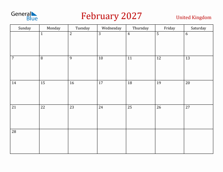 United Kingdom February 2027 Calendar - Sunday Start
