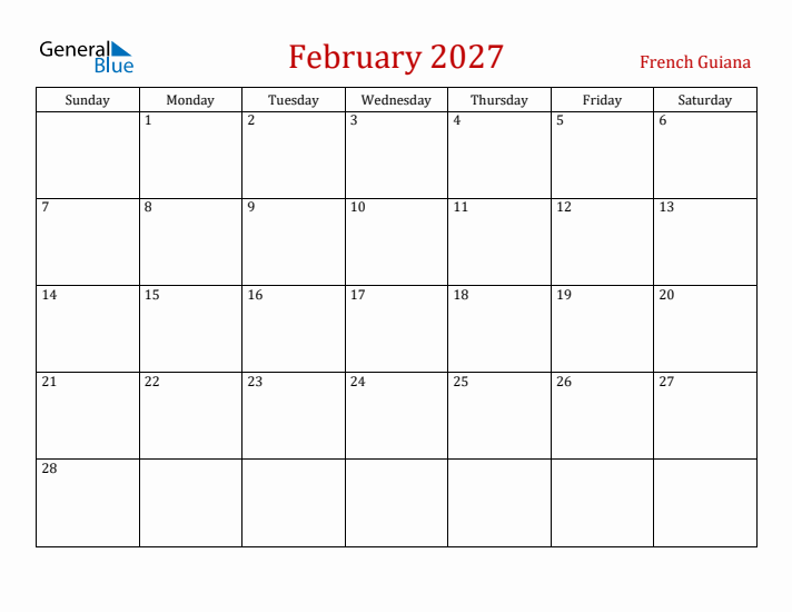 French Guiana February 2027 Calendar - Sunday Start