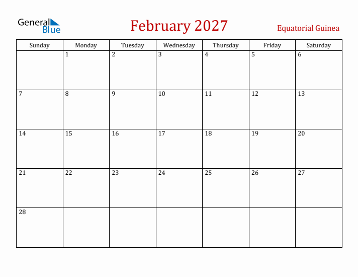 Equatorial Guinea February 2027 Calendar - Sunday Start