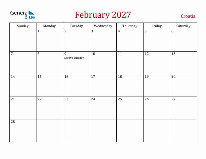 Croatia February 2027 Calendar - Sunday Start