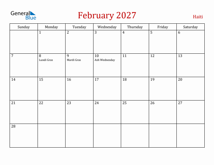 Haiti February 2027 Calendar - Sunday Start
