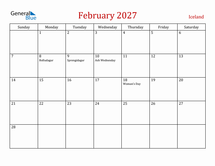 Iceland February 2027 Calendar - Sunday Start