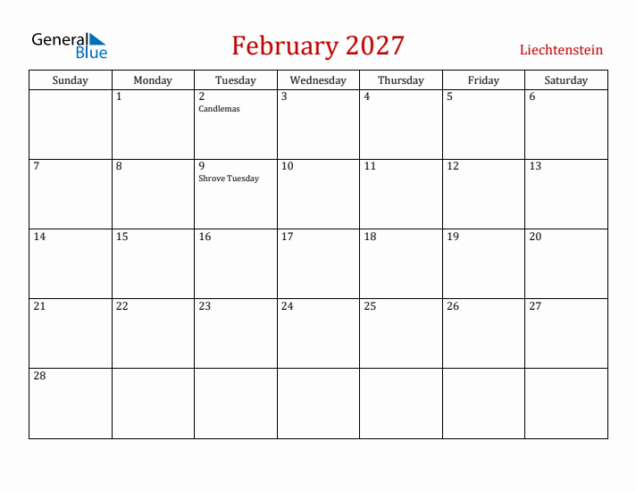 Liechtenstein February 2027 Calendar - Sunday Start