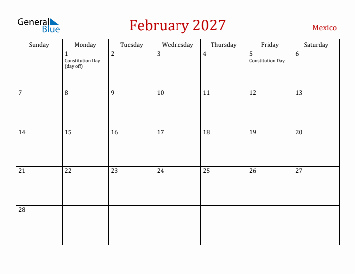 Mexico February 2027 Calendar - Sunday Start