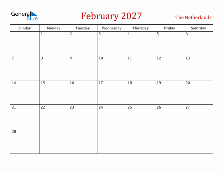 The Netherlands February 2027 Calendar - Sunday Start
