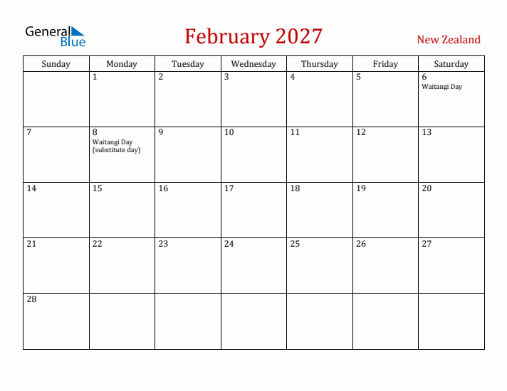 New Zealand February 2027 Calendar - Sunday Start