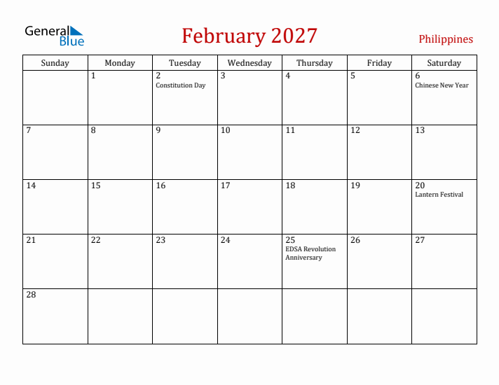 Philippines February 2027 Calendar - Sunday Start