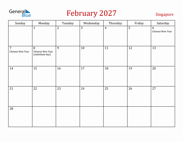 Singapore February 2027 Calendar - Sunday Start