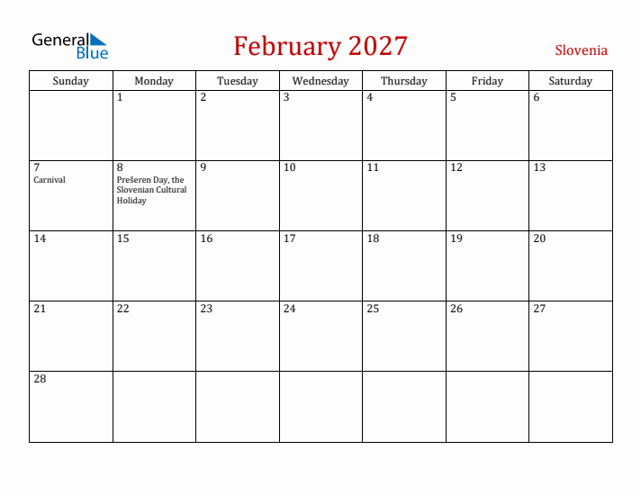 Slovenia February 2027 Calendar - Sunday Start