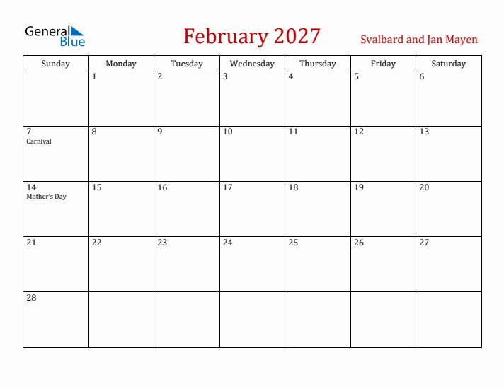 Svalbard and Jan Mayen February 2027 Calendar - Sunday Start