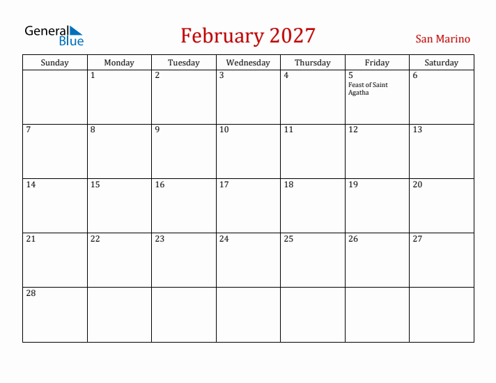 San Marino February 2027 Calendar - Sunday Start
