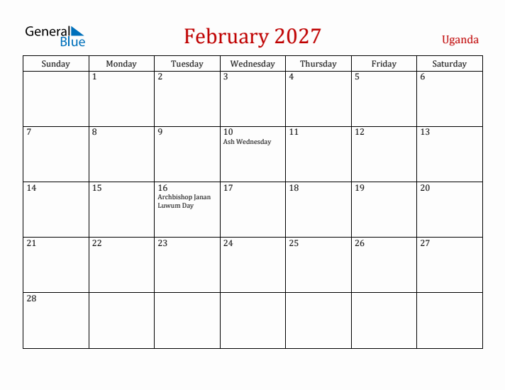 Uganda February 2027 Calendar - Sunday Start