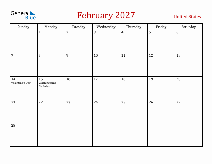 United States February 2027 Calendar - Sunday Start