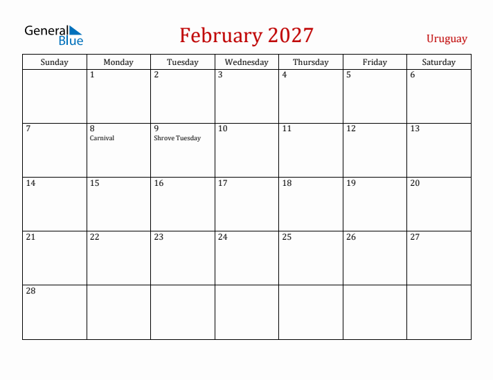 Uruguay February 2027 Calendar - Sunday Start