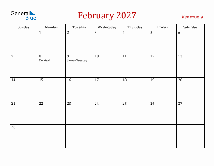 Venezuela February 2027 Calendar - Sunday Start