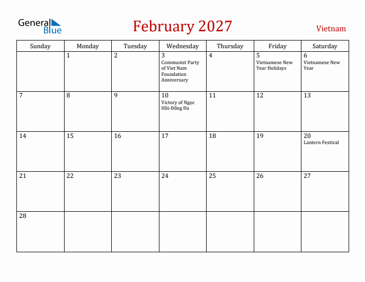 Vietnam February 2027 Calendar - Sunday Start