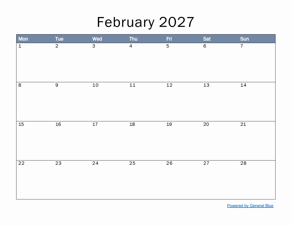 Monthly Calendar Template for February 2027