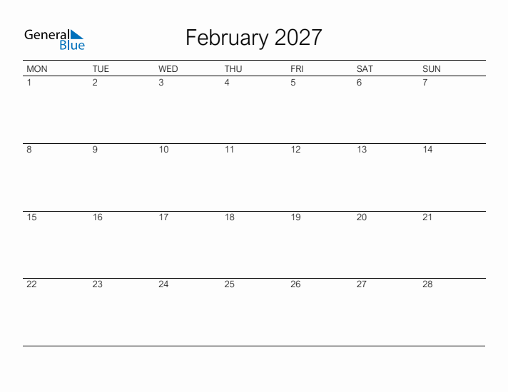 Printable February 2027 Calendar - Monday Start