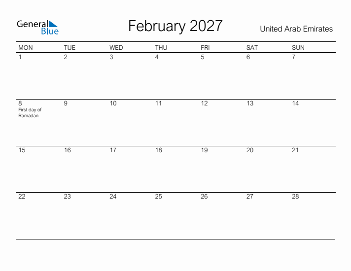 Printable February 2027 Calendar for United Arab Emirates