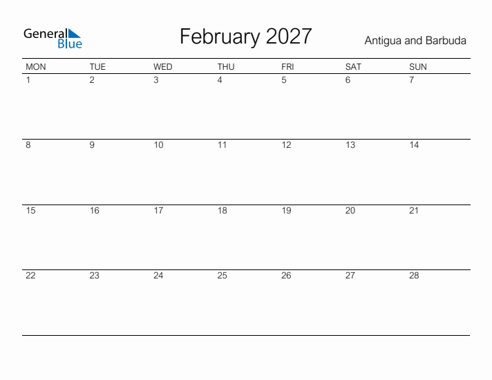 Printable February 2027 Calendar for Antigua and Barbuda