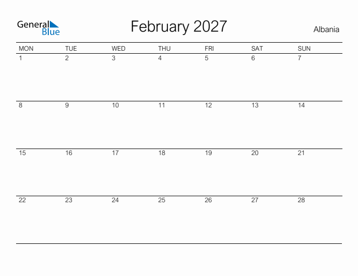 Printable February 2027 Calendar for Albania