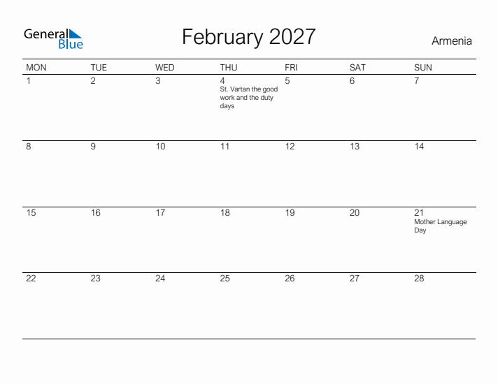 Printable February 2027 Calendar for Armenia
