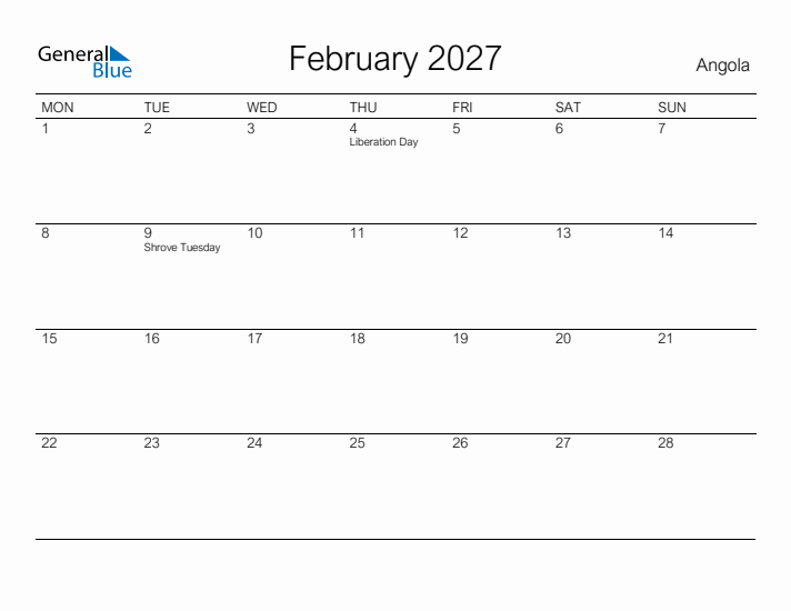 Printable February 2027 Calendar for Angola