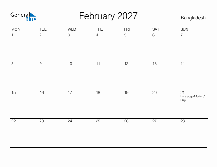 Printable February 2027 Calendar for Bangladesh