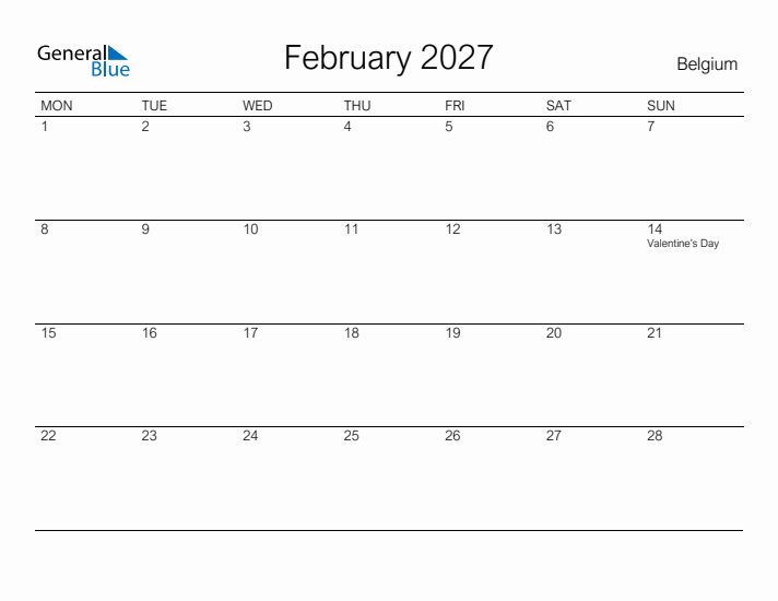 Printable February 2027 Calendar for Belgium