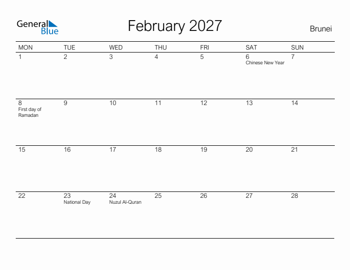 Printable February 2027 Calendar for Brunei