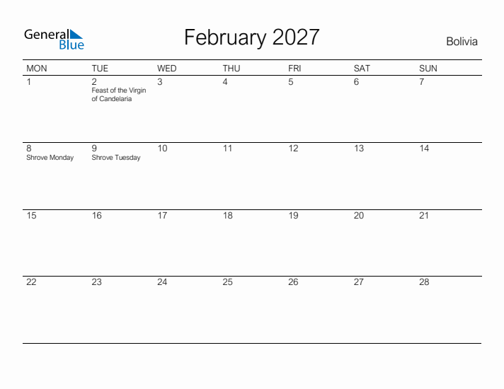 Printable February 2027 Calendar for Bolivia