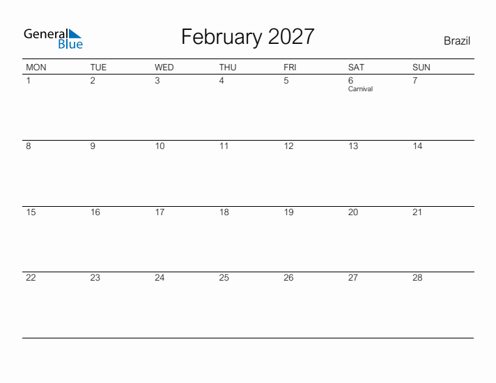 Printable February 2027 Calendar for Brazil