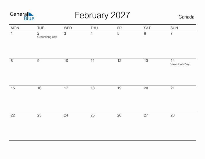 Printable February 2027 Calendar for Canada