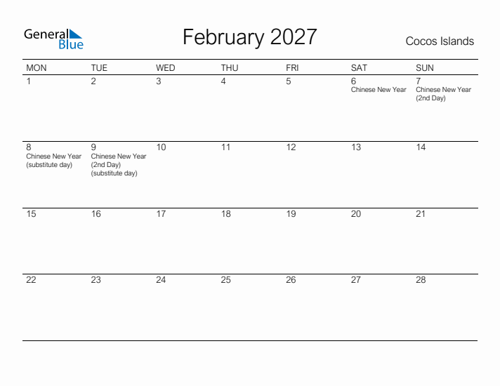 Printable February 2027 Calendar for Cocos Islands