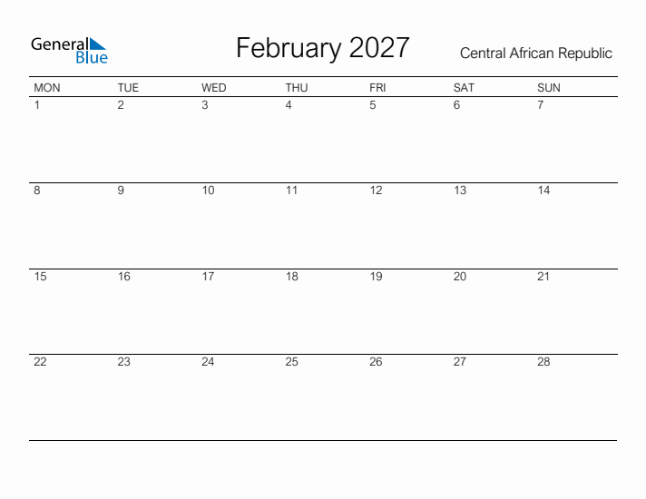Printable February 2027 Calendar for Central African Republic