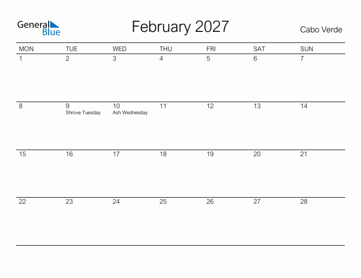 Printable February 2027 Calendar for Cabo Verde