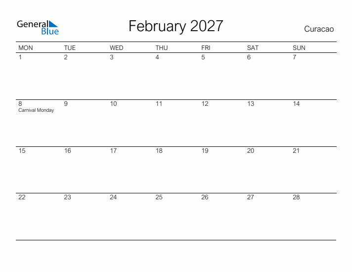 Printable February 2027 Calendar for Curacao