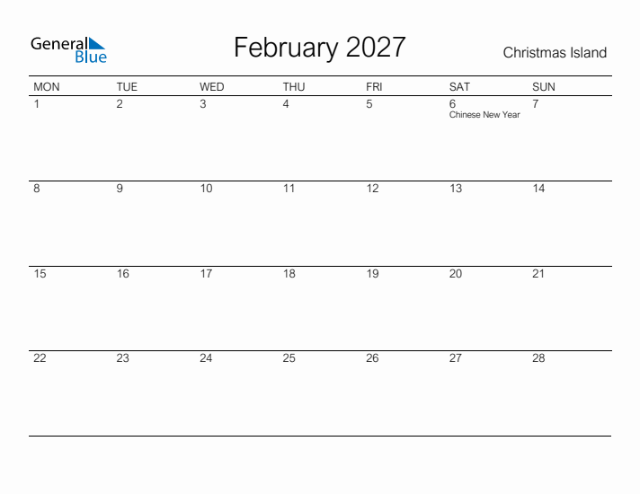 Printable February 2027 Calendar for Christmas Island