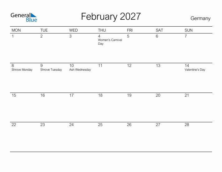 Printable February 2027 Calendar for Germany