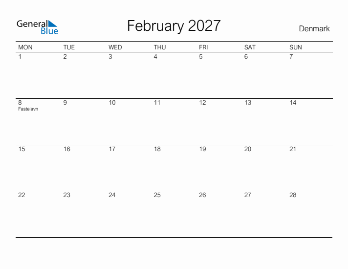 Printable February 2027 Calendar for Denmark