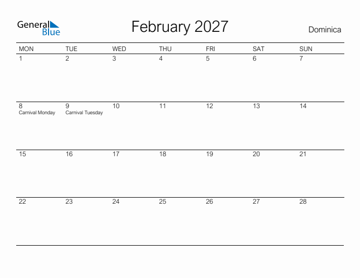 Printable February 2027 Calendar for Dominica