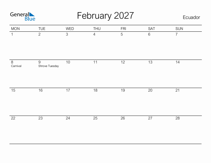 Printable February 2027 Calendar for Ecuador