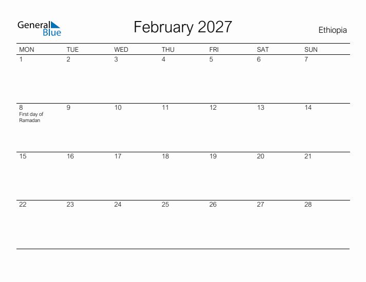 Printable February 2027 Calendar for Ethiopia