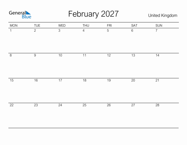 Printable February 2027 Calendar for United Kingdom