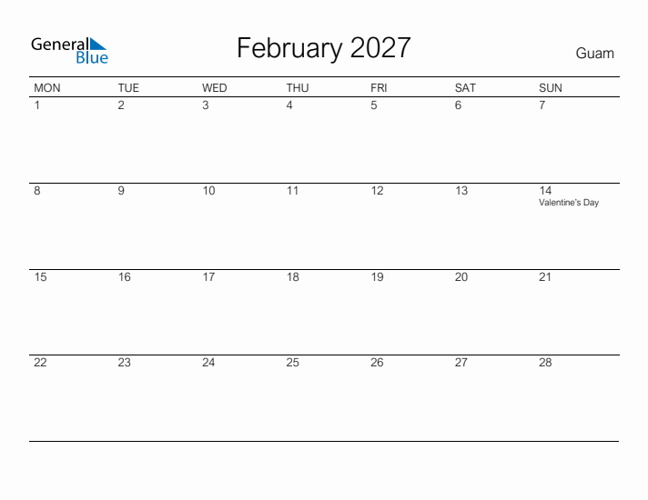 Printable February 2027 Calendar for Guam